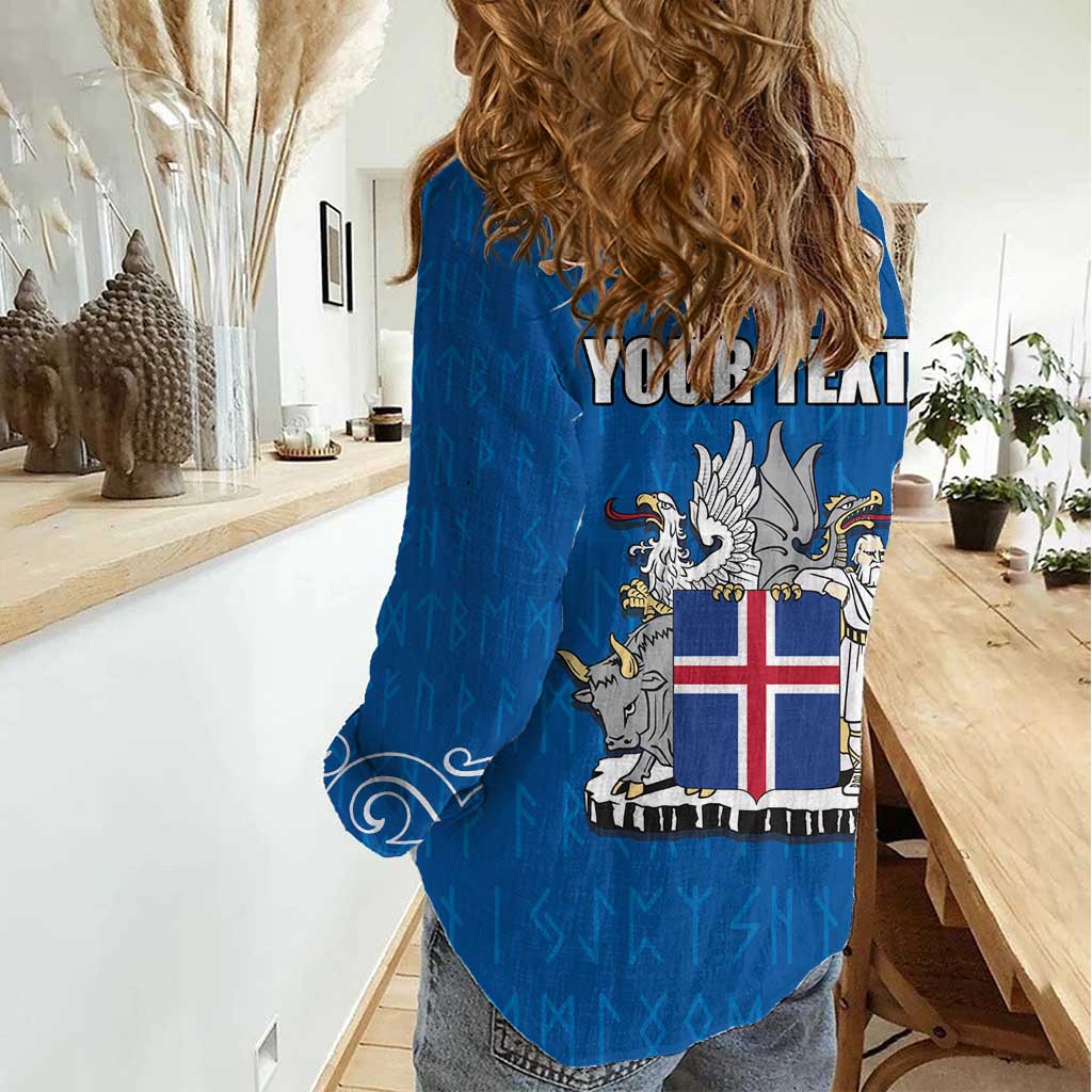 Personalized Iceland Coat of Arms Women Casual Shirt Runic Alphabet Viking Runes Pattern