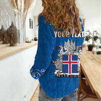Personalized Iceland Coat of Arms Women Casual Shirt Runic Alphabet Viking Runes Pattern