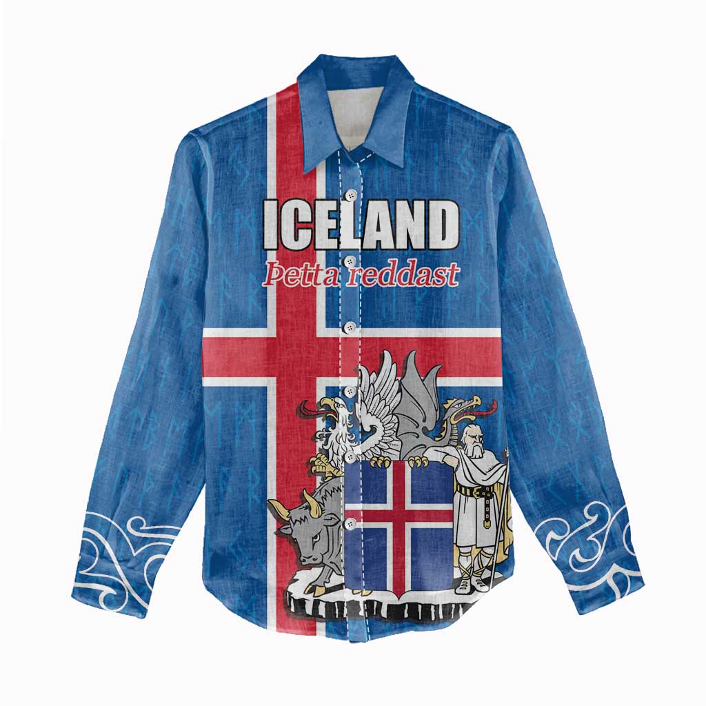 Personalized Iceland Coat of Arms Women Casual Shirt Runic Alphabet Viking Runes Pattern