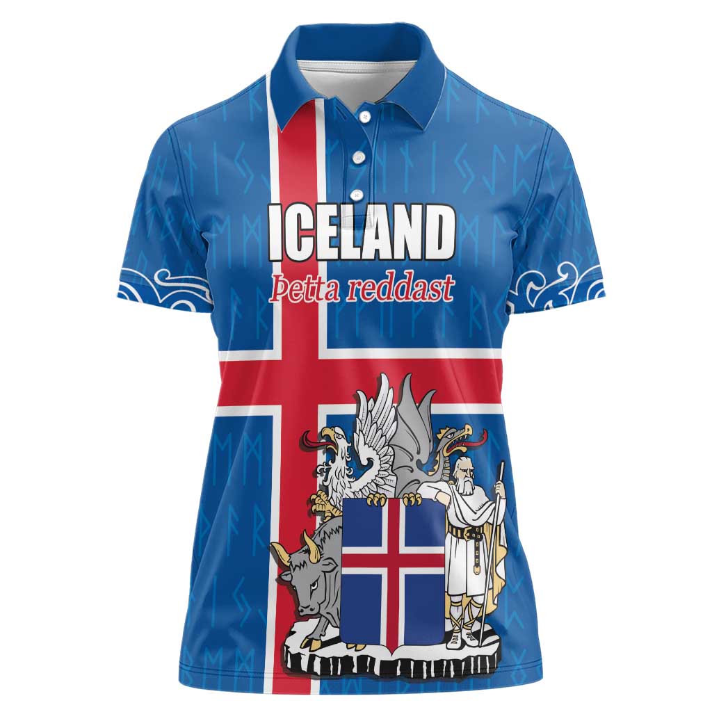 Personalized Iceland Coat of Arms Women Polo Shirt Runic Alphabet Viking Runes Pattern