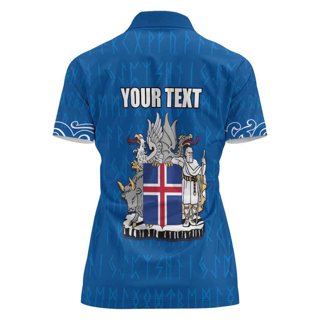 Personalized Iceland Coat of Arms Women Polo Shirt Runic Alphabet Viking Runes Pattern
