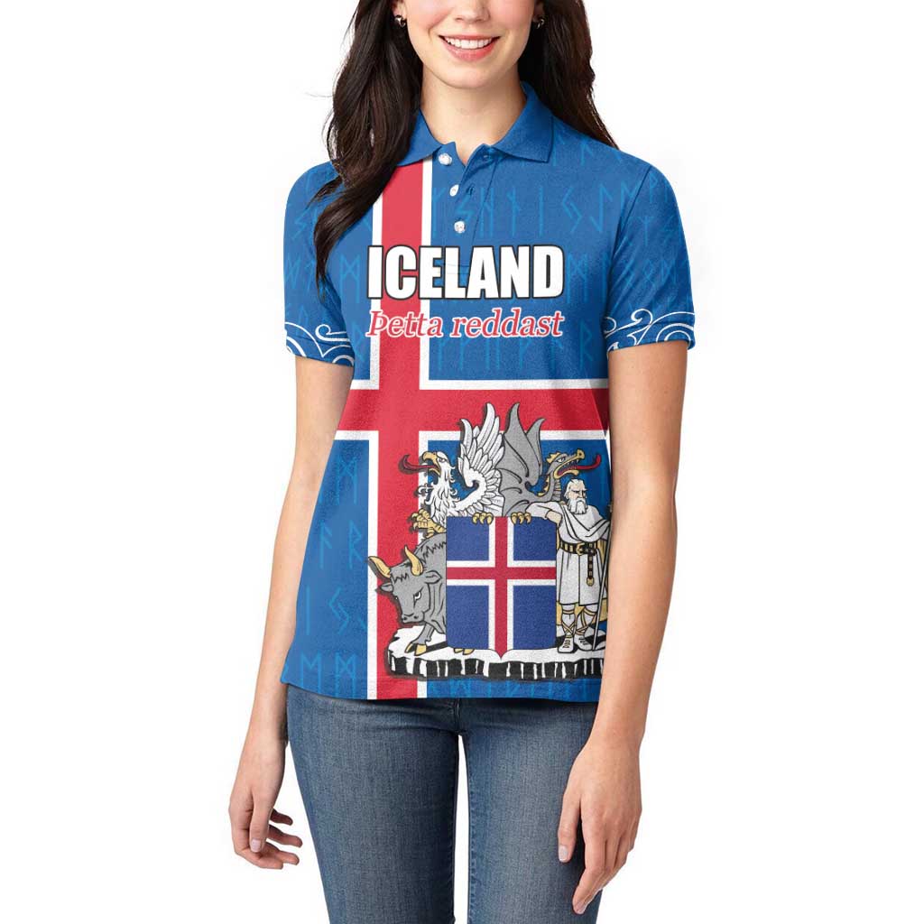 Personalized Iceland Coat of Arms Women Polo Shirt Runic Alphabet Viking Runes Pattern