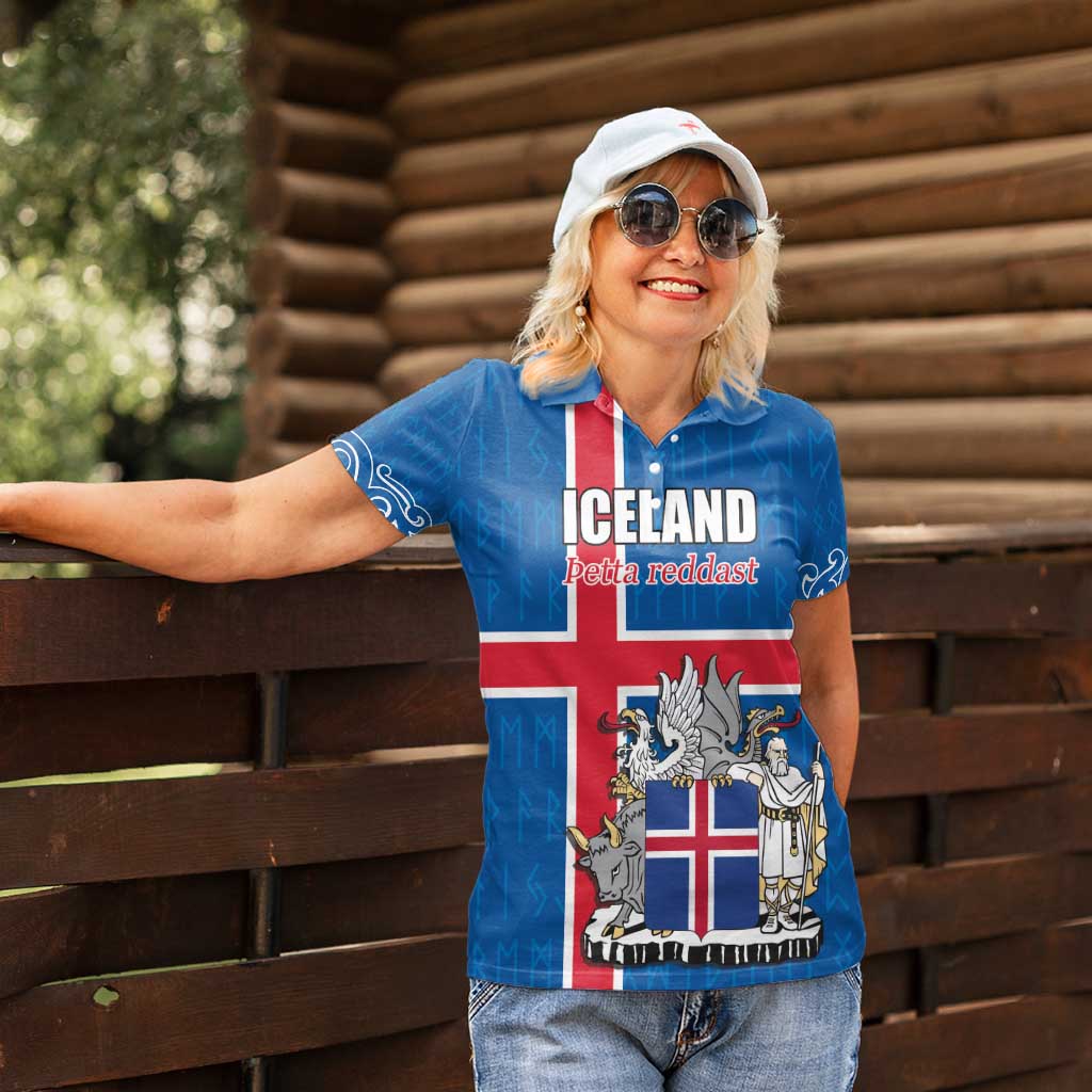 Personalized Iceland Coat of Arms Women Polo Shirt Runic Alphabet Viking Runes Pattern