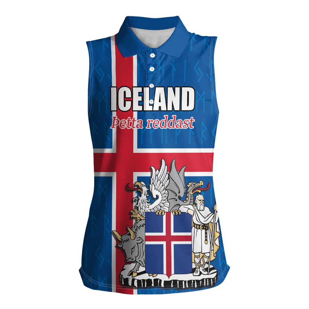 Personalized Iceland Coat of Arms Women Sleeveless Polo Shirt Runic Alphabet Viking Runes Pattern