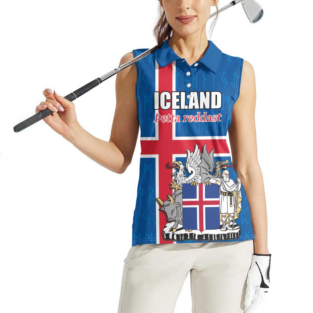 Personalized Iceland Coat of Arms Women Sleeveless Polo Shirt Runic Alphabet Viking Runes Pattern