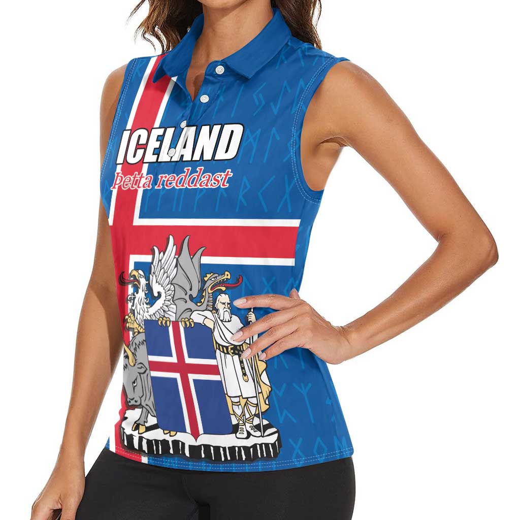 Personalized Iceland Coat of Arms Women Sleeveless Polo Shirt Runic Alphabet Viking Runes Pattern