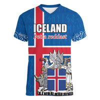 Personalized Iceland Coat of Arms Women V-Neck T-Shirt Runic Alphabet Viking Runes Pattern