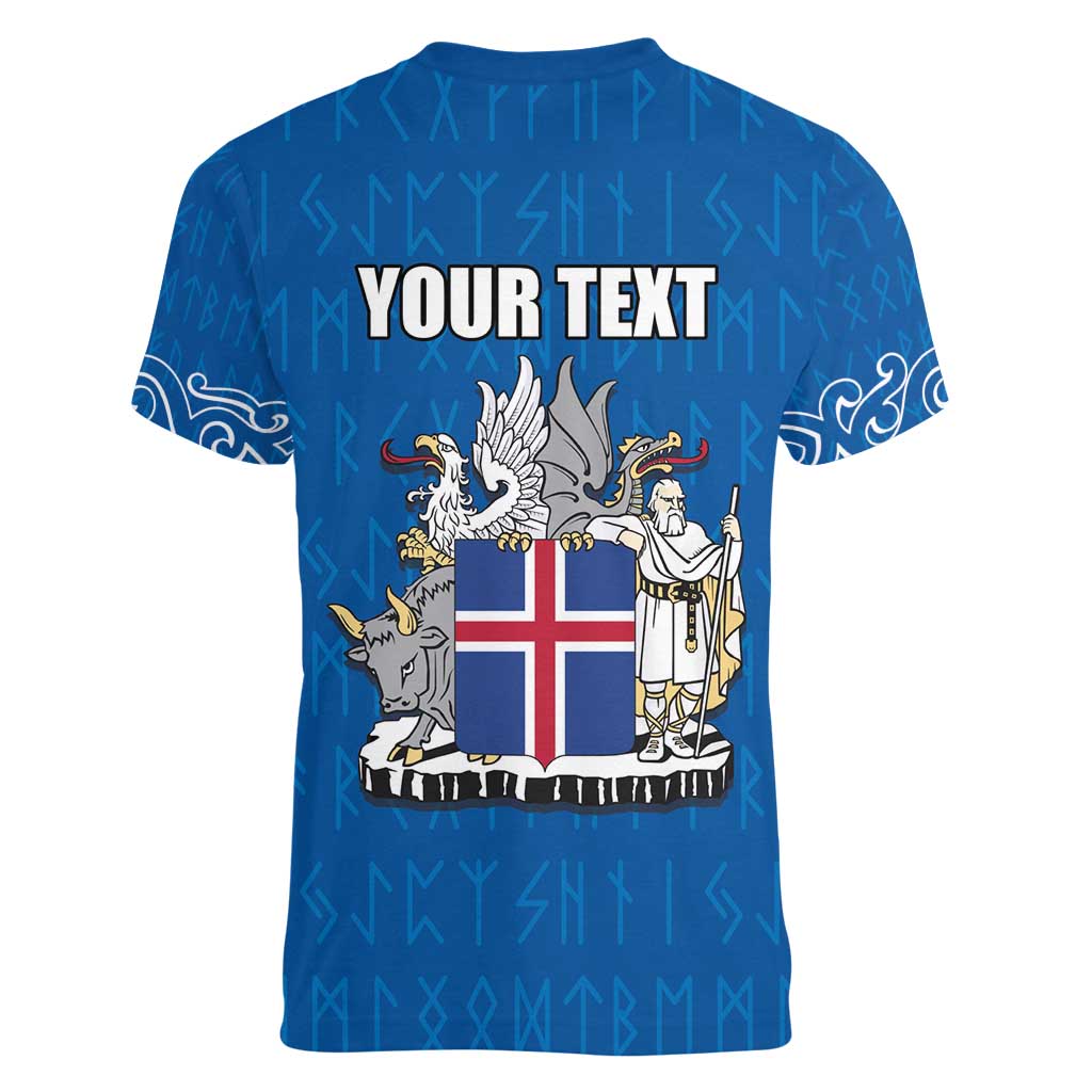 Personalized Iceland Coat of Arms Women V-Neck T-Shirt Runic Alphabet Viking Runes Pattern