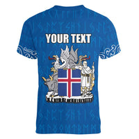 Personalized Iceland Coat of Arms Women V-Neck T-Shirt Runic Alphabet Viking Runes Pattern