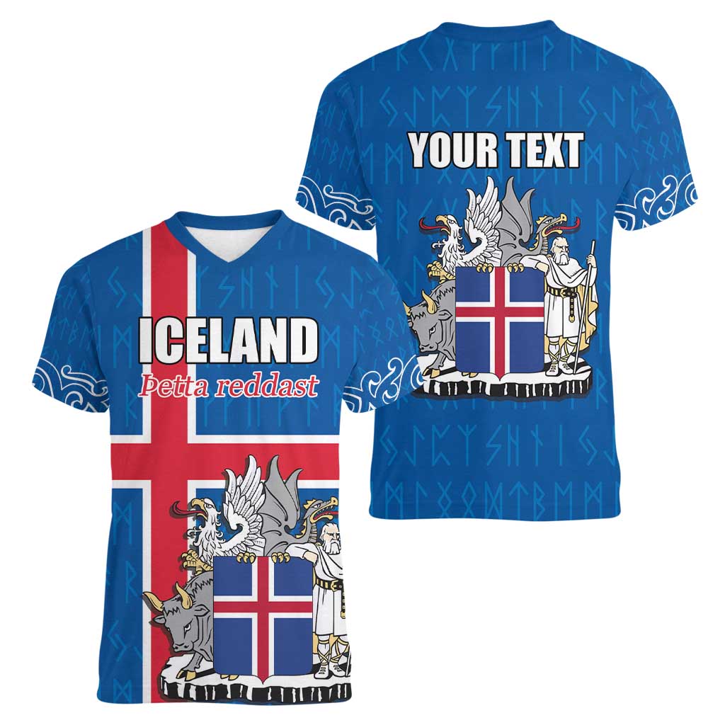 Personalized Iceland Coat of Arms Women V-Neck T-Shirt Runic Alphabet Viking Runes Pattern