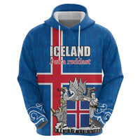 Personalized Iceland Coat of Arms Zip Hoodie Runic Alphabet Viking Runes Pattern