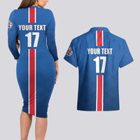 Custom Iceland Football Couples Matching Long Sleeve Bodycon Dress and Hawaiian Shirt Blue with Flag Style