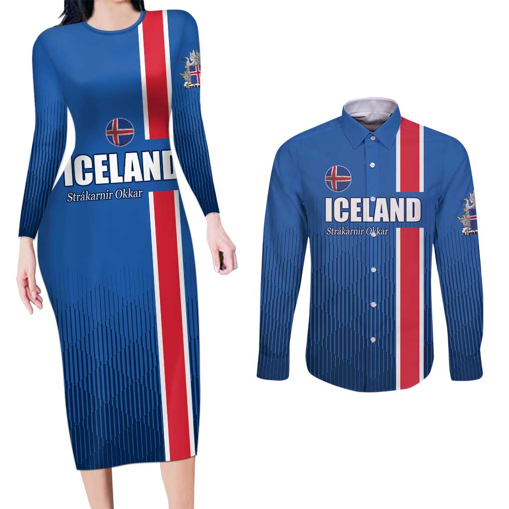 Custom Iceland Football Couples Matching Long Sleeve Bodycon Dress and Long Sleeve Button Shirt Blue with Flag Style