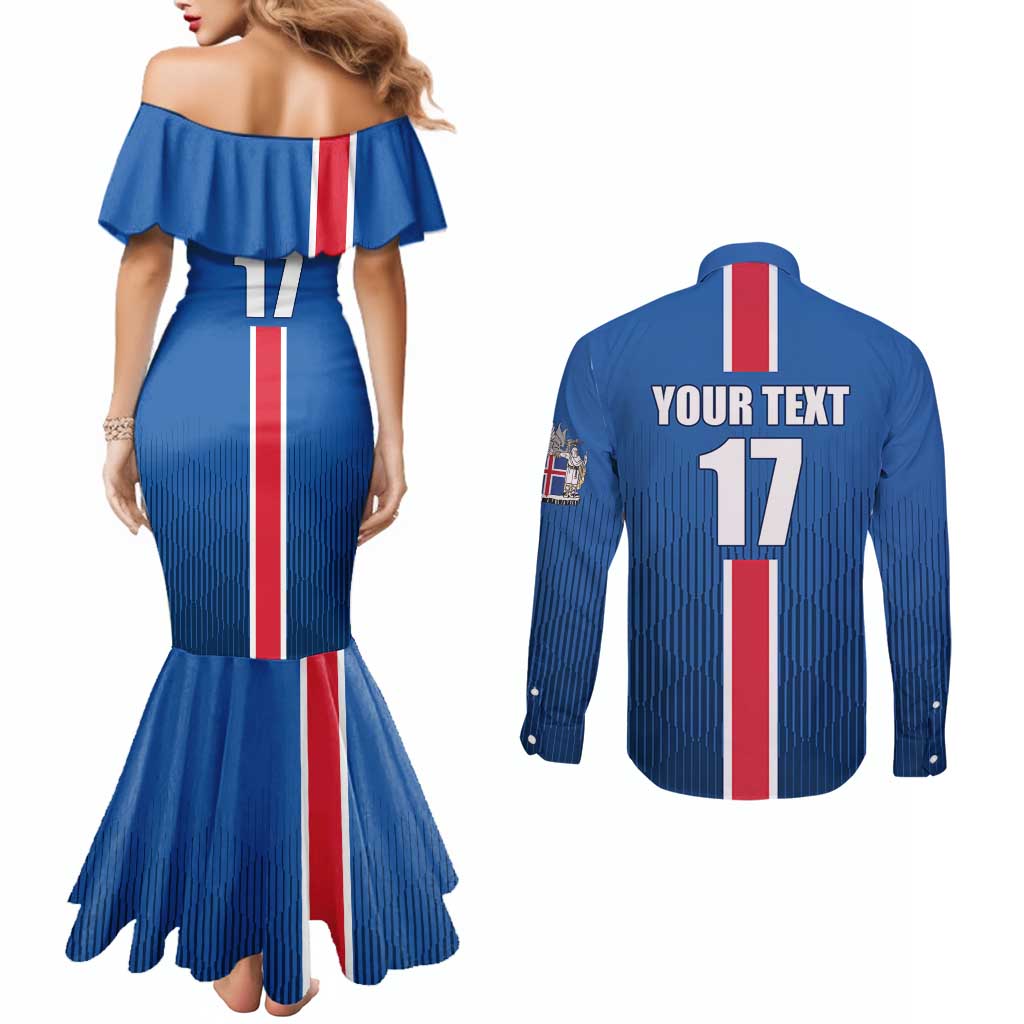 Custom Iceland Football Couples Matching Mermaid Dress and Long Sleeve Button Shirt Blue with Flag Style