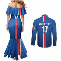 Custom Iceland Football Couples Matching Mermaid Dress and Long Sleeve Button Shirt Blue with Flag Style