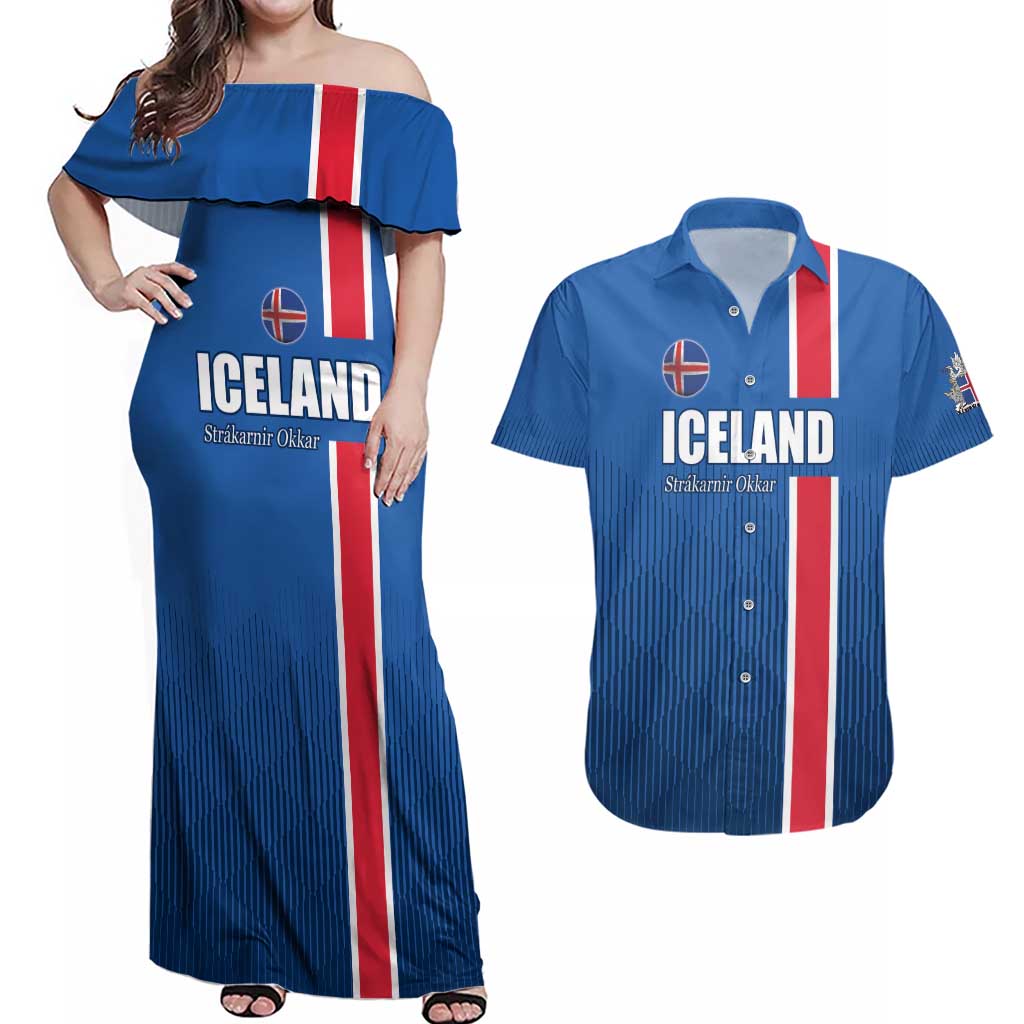 Custom Iceland Football Couples Matching Off Shoulder Maxi Dress and Hawaiian Shirt Blue with Flag Style