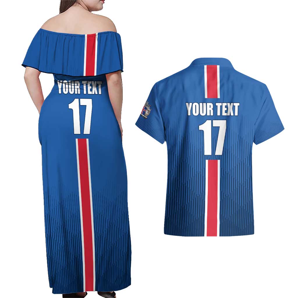 Custom Iceland Football Couples Matching Off Shoulder Maxi Dress and Hawaiian Shirt Blue with Flag Style