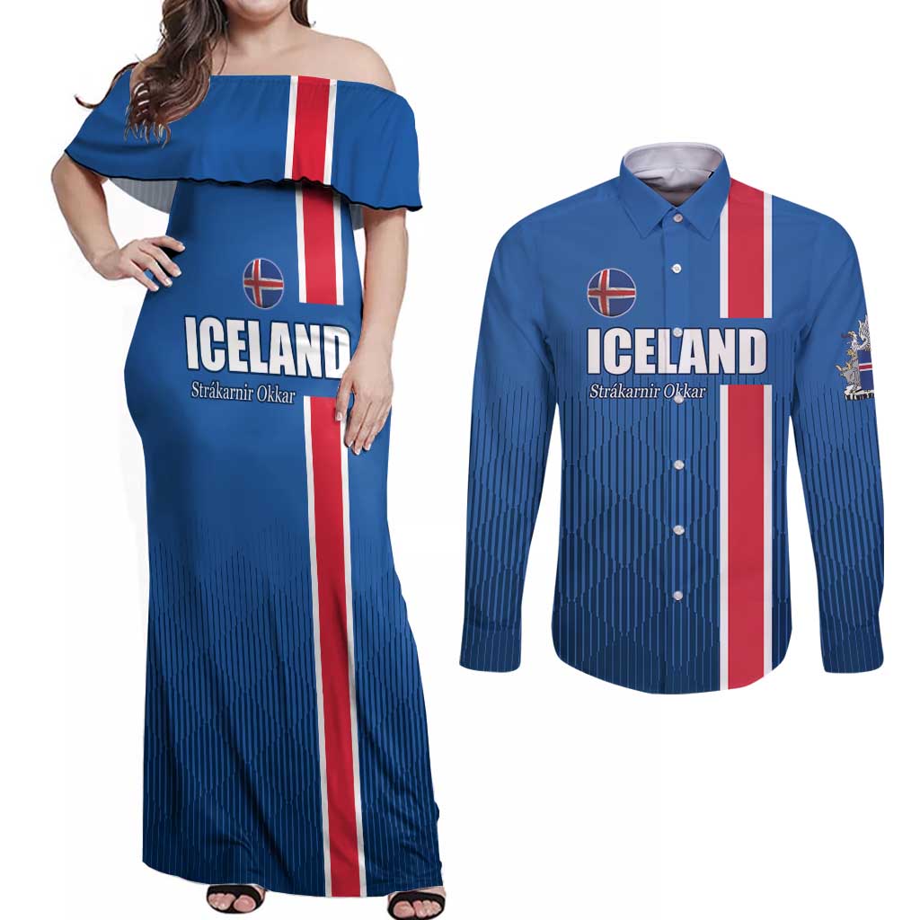 Custom Iceland Football Couples Matching Off Shoulder Maxi Dress and Long Sleeve Button Shirt Blue with Flag Style