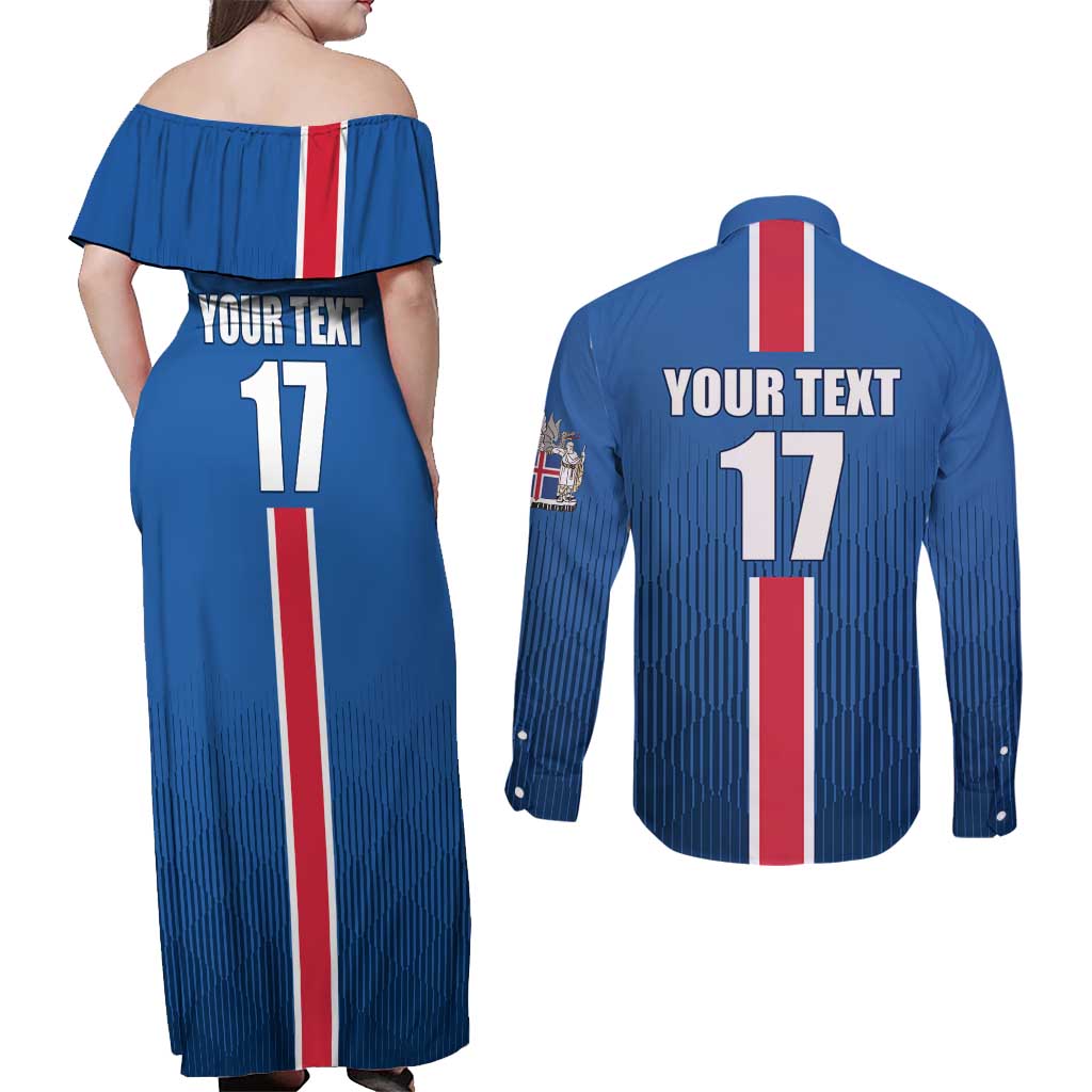 Custom Iceland Football Couples Matching Off Shoulder Maxi Dress and Long Sleeve Button Shirt Blue with Flag Style
