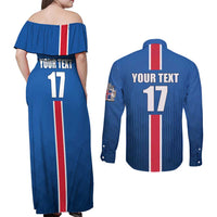 Custom Iceland Football Couples Matching Off Shoulder Maxi Dress and Long Sleeve Button Shirt Blue with Flag Style