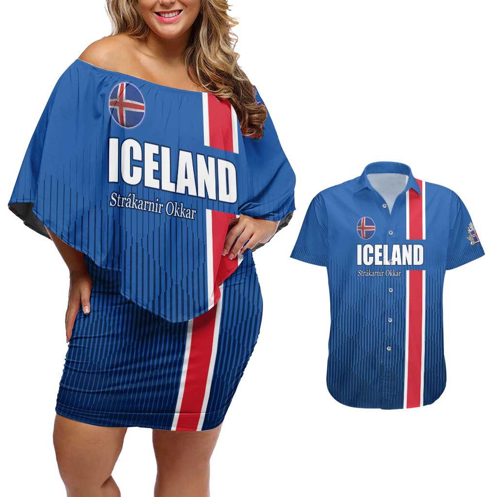 Custom Iceland Football Couples Matching Off Shoulder Short Dress and Hawaiian Shirt Blue with Flag Style