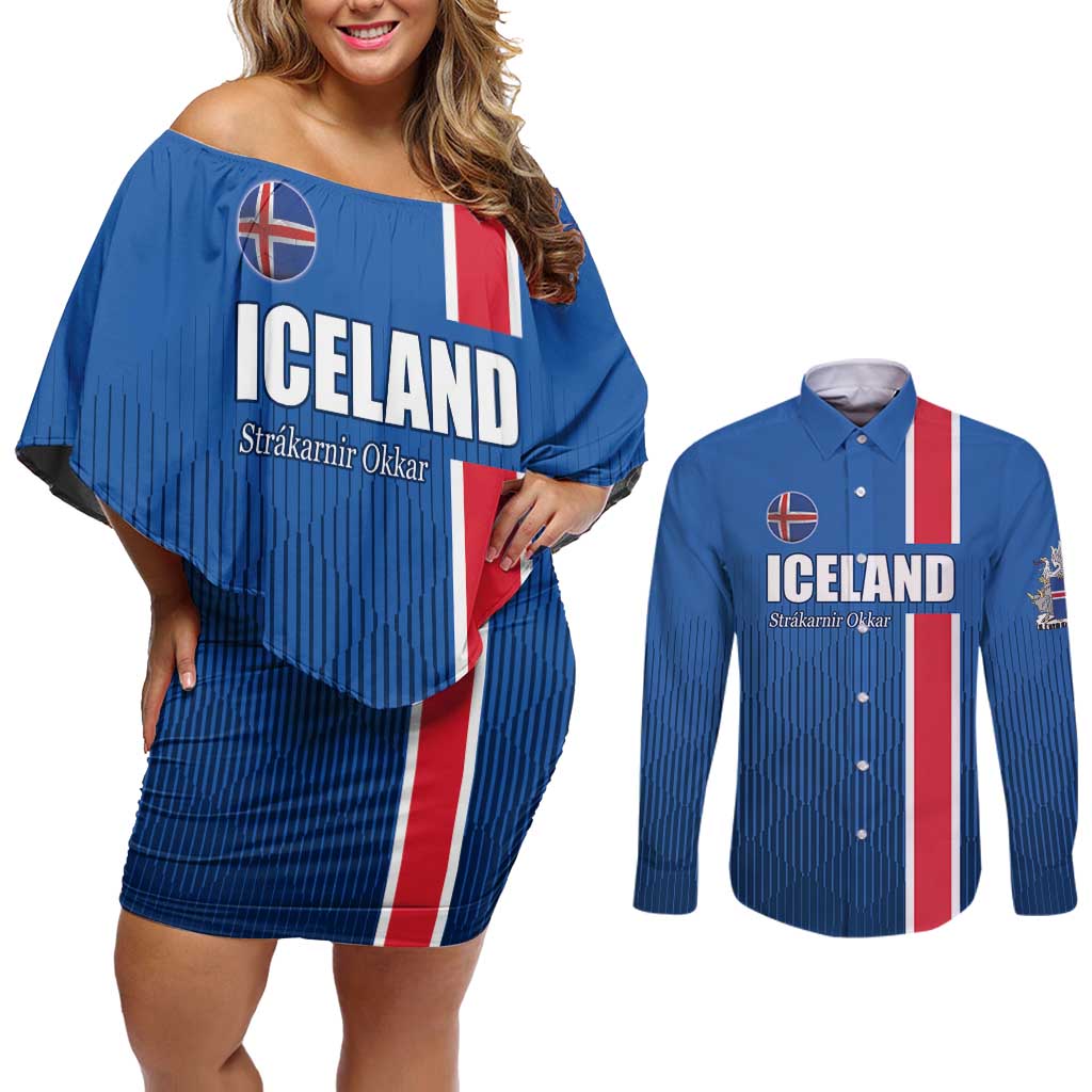 Custom Iceland Football Couples Matching Off Shoulder Short Dress and Long Sleeve Button Shirt Blue with Flag Style