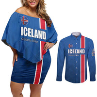 Custom Iceland Football Couples Matching Off Shoulder Short Dress and Long Sleeve Button Shirt Blue with Flag Style