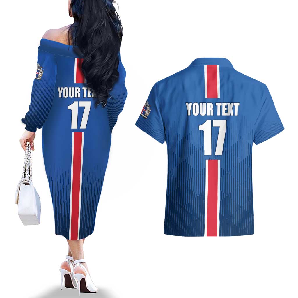 Custom Iceland Football Couples Matching Off The Shoulder Long Sleeve Dress and Hawaiian Shirt Blue with Flag Style