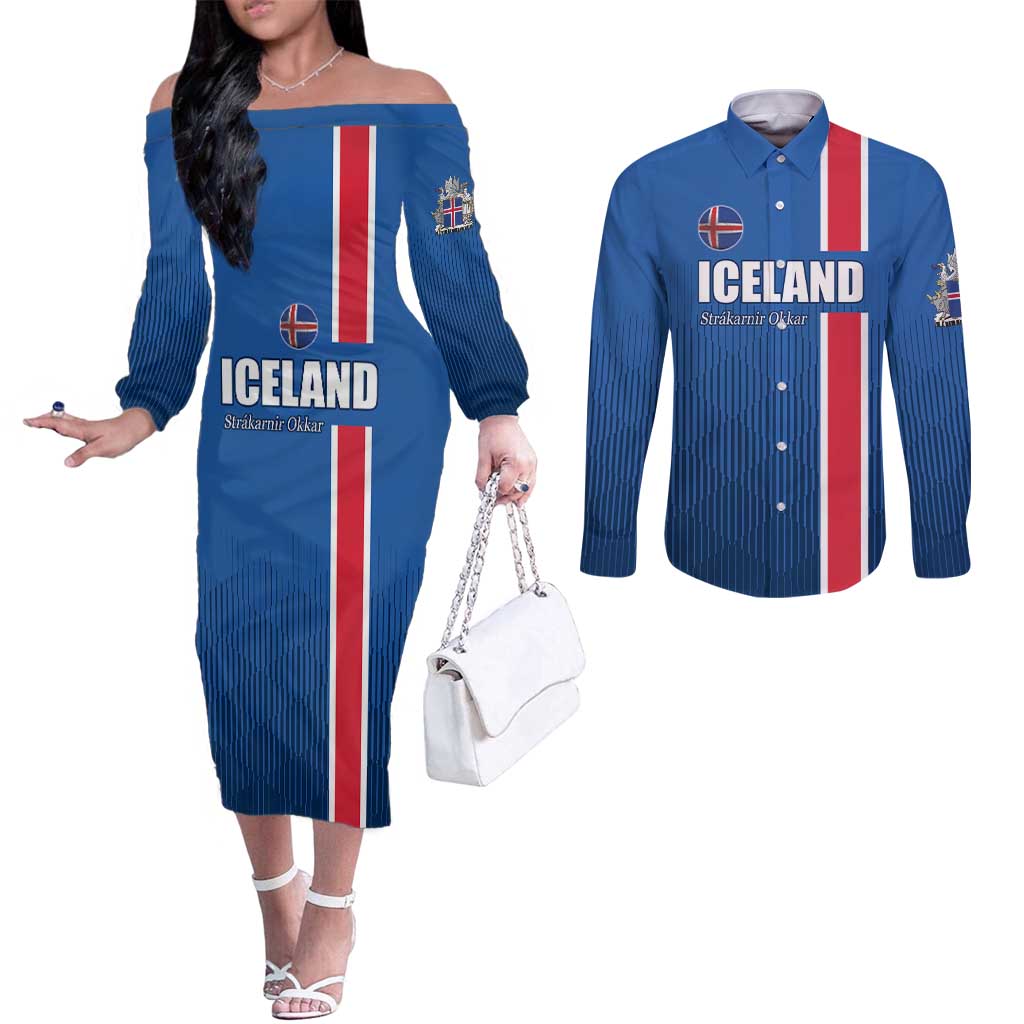 Custom Iceland Football Couples Matching Off The Shoulder Long Sleeve Dress and Long Sleeve Button Shirt Blue with Flag Style
