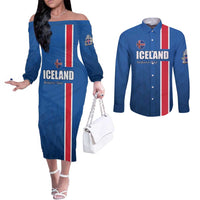 Custom Iceland Football Couples Matching Off The Shoulder Long Sleeve Dress and Long Sleeve Button Shirt Blue with Flag Style