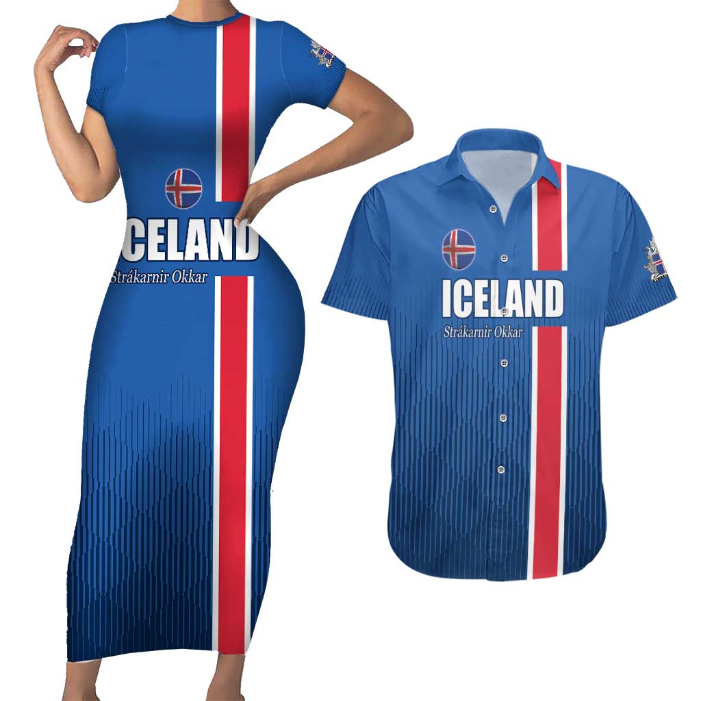 Custom Iceland Football Couples Matching Short Sleeve Bodycon Dress and Hawaiian Shirt Blue with Flag Style