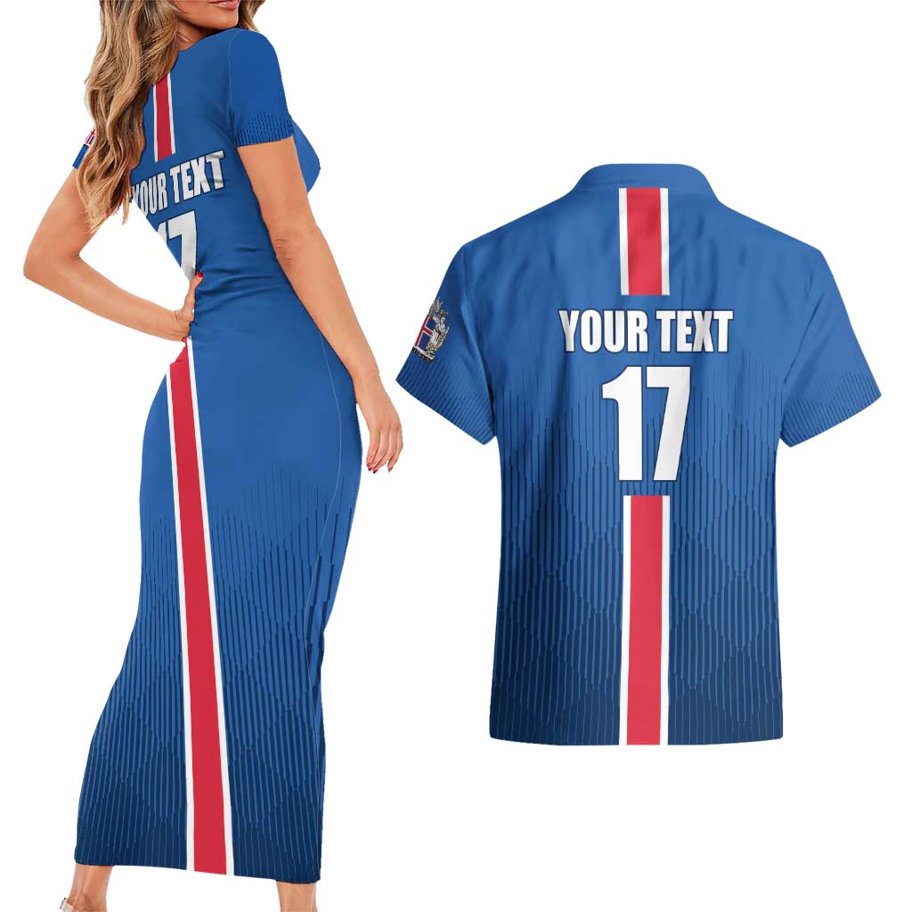 Custom Iceland Football Couples Matching Short Sleeve Bodycon Dress and Hawaiian Shirt Blue with Flag Style