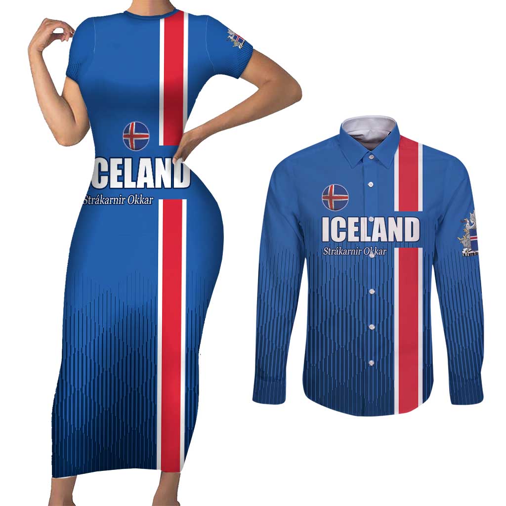 Custom Iceland Football Couples Matching Short Sleeve Bodycon Dress and Long Sleeve Button Shirt Blue with Flag Style