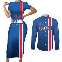 Custom Iceland Football Couples Matching Short Sleeve Bodycon Dress and Long Sleeve Button Shirt Blue with Flag Style