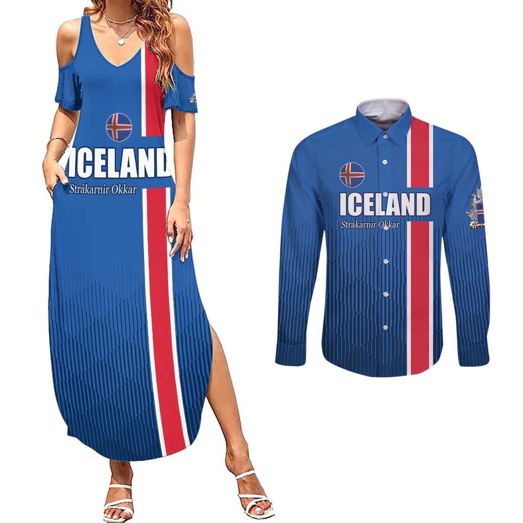 Custom Iceland Football Couples Matching Summer Maxi Dress and Long Sleeve Button Shirt Blue with Flag Style