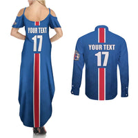 Custom Iceland Football Couples Matching Summer Maxi Dress and Long Sleeve Button Shirt Blue with Flag Style