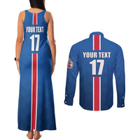 Custom Iceland Football Couples Matching Tank Maxi Dress and Long Sleeve Button Shirt Blue with Flag Style