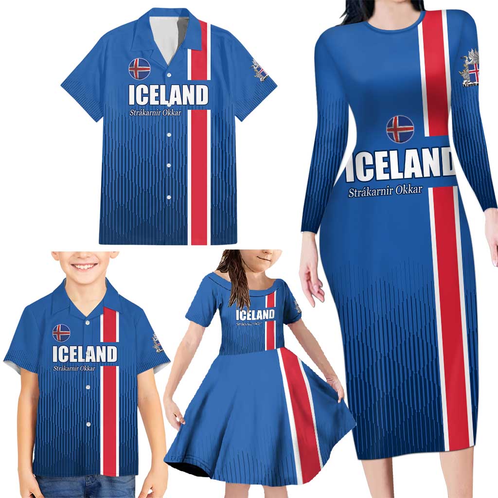 Custom Iceland Football Family Matching Long Sleeve Bodycon Dress and Hawaiian Shirt Blue with Flag Style
