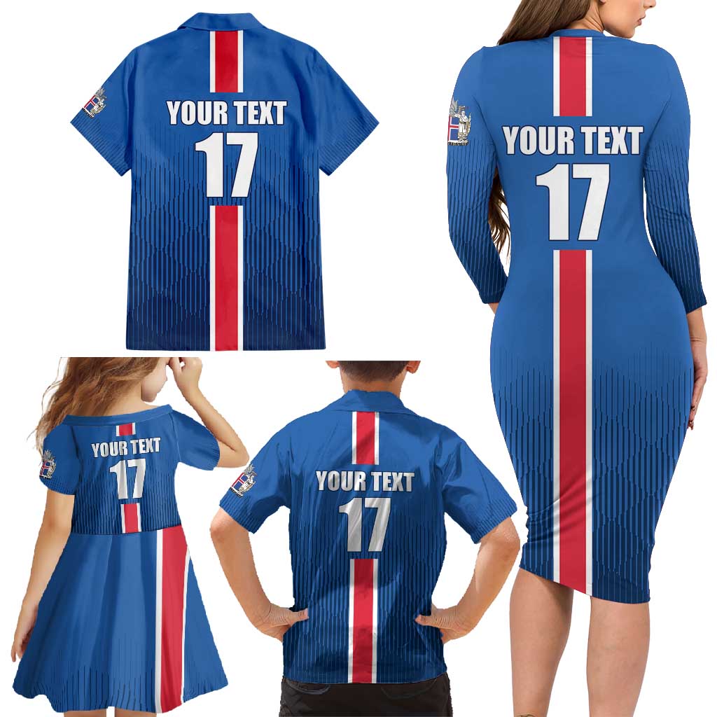 Custom Iceland Football Family Matching Long Sleeve Bodycon Dress and Hawaiian Shirt Blue with Flag Style