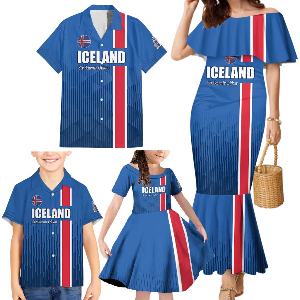 Custom Iceland Football Family Matching Mermaid Dress and Hawaiian Shirt Blue with Flag Style