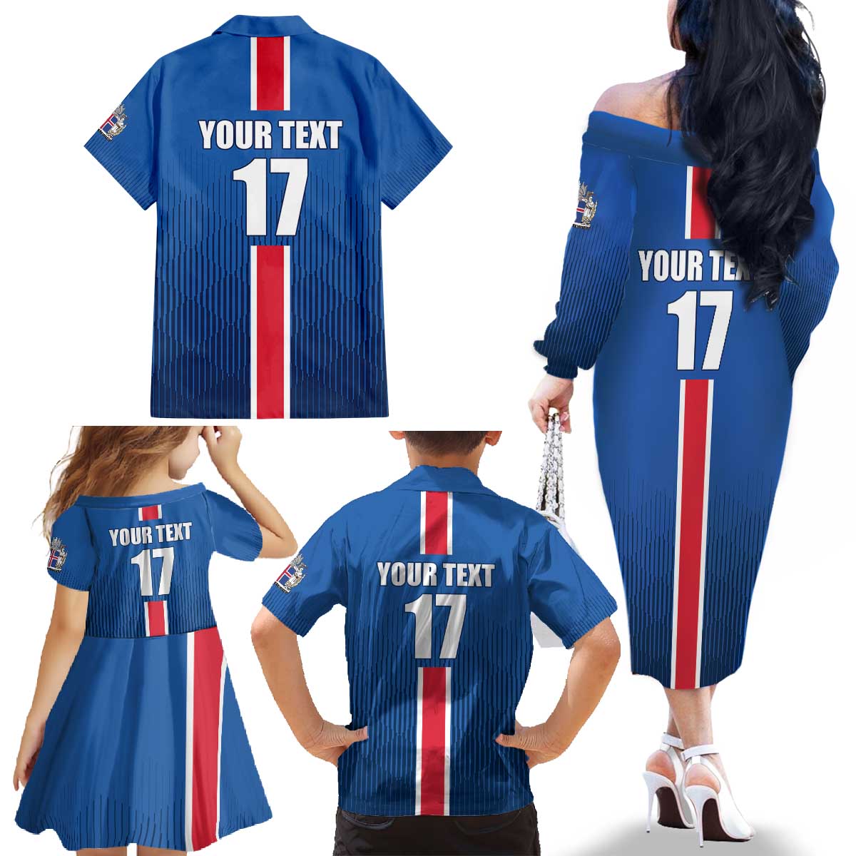 Custom Iceland Football Family Matching Off The Shoulder Long Sleeve Dress and Hawaiian Shirt Blue with Flag Style