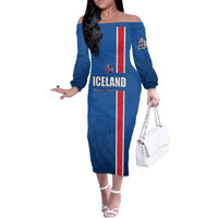 Custom Iceland Football Family Matching Off The Shoulder Long Sleeve Dress and Hawaiian Shirt Blue with Flag Style