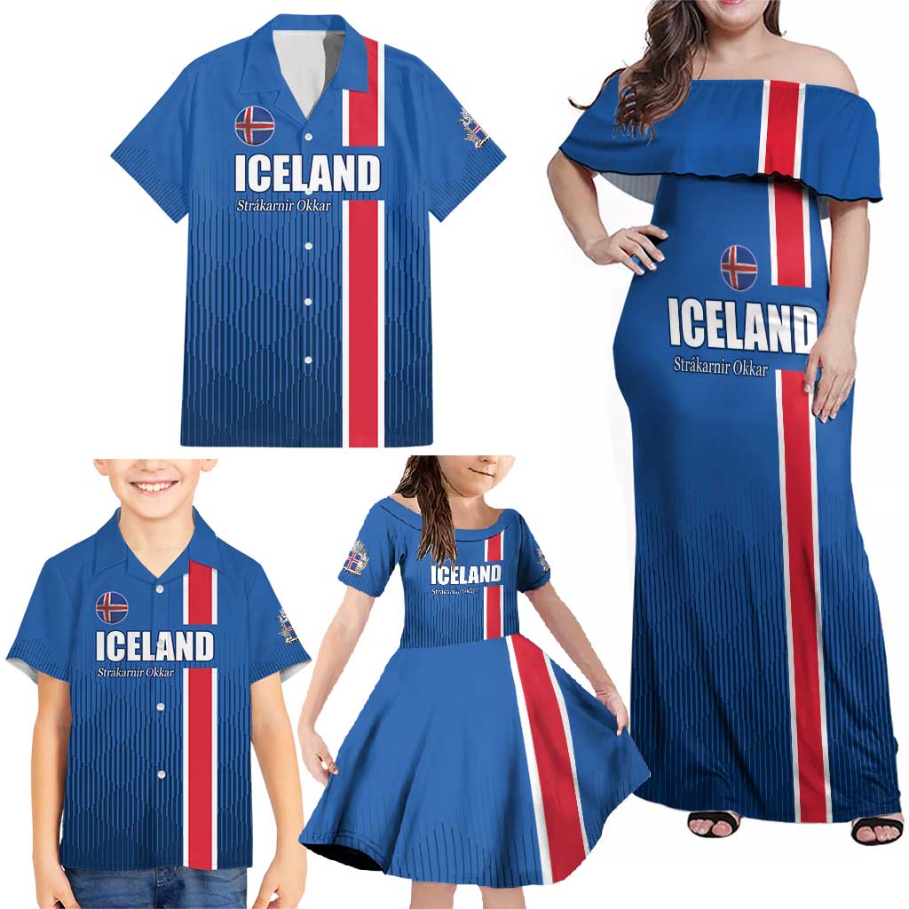 Custom Iceland Football Family Matching Off Shoulder Maxi Dress and Hawaiian Shirt Blue with Flag Style
