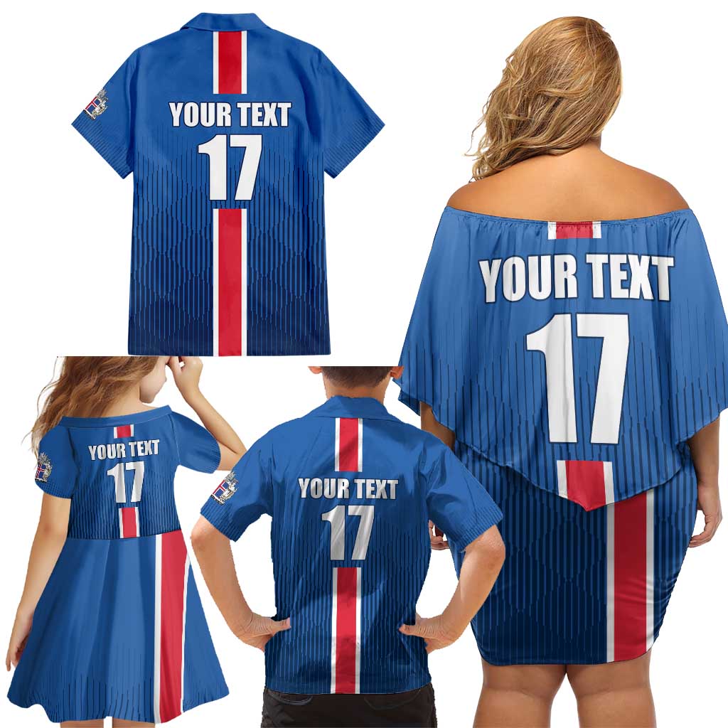 Custom Iceland Football Family Matching Off Shoulder Short Dress and Hawaiian Shirt Blue with Flag Style