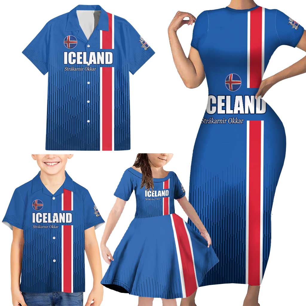 Custom Iceland Football Family Matching Short Sleeve Bodycon Dress and Hawaiian Shirt Blue with Flag Style