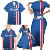 Custom Iceland Football Family Matching Short Sleeve Bodycon Dress and Hawaiian Shirt Blue with Flag Style