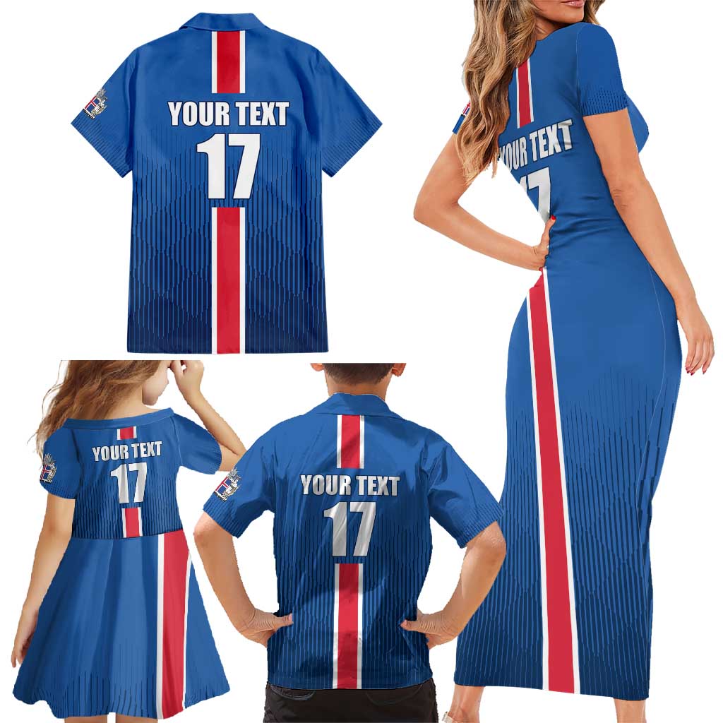 Custom Iceland Football Family Matching Short Sleeve Bodycon Dress and Hawaiian Shirt Blue with Flag Style