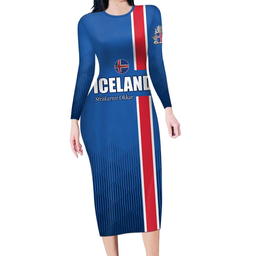 Custom Iceland Football Long Sleeve Bodycon Dress Blue with Flag Style