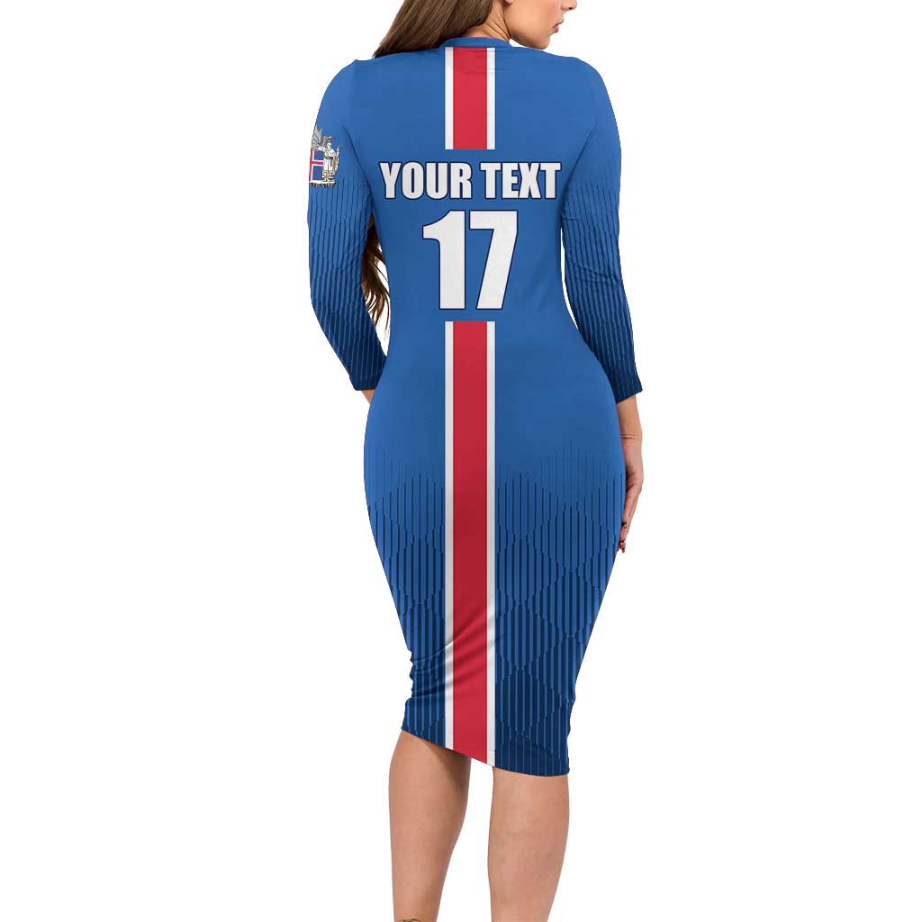 Custom Iceland Football Long Sleeve Bodycon Dress Blue with Flag Style