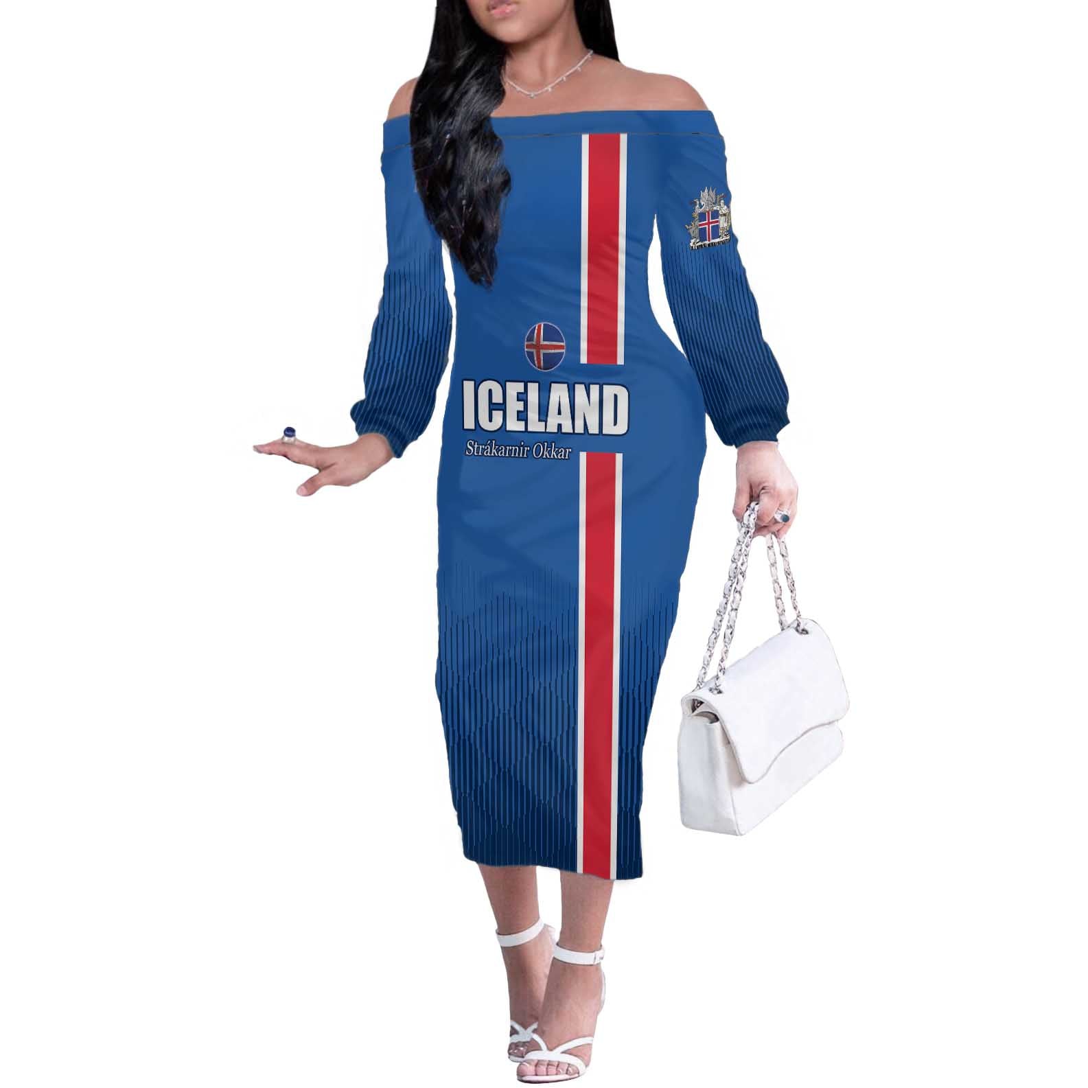 Custom Iceland Football Off The Shoulder Long Sleeve Dress Blue with Flag Style